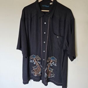 Tori Richards Silk Button Down Shirt  - Embroidered Asian Koi Fish  - Size XL